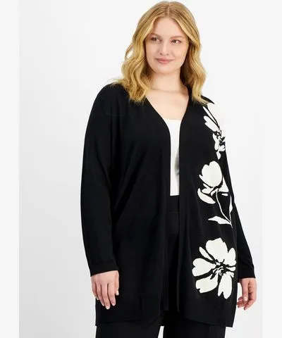 Floral Intarsia Cardigan Sweater by Anne Klein Plus Size