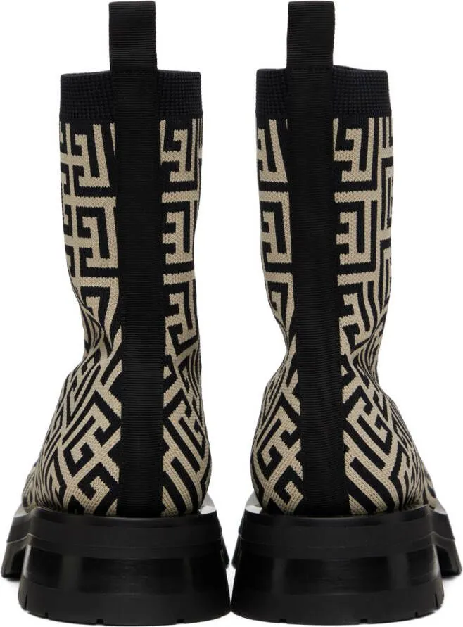 Balmain Black and Beige Monogram Boots