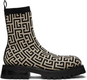 Balmain Black and Beige Monogram Boots