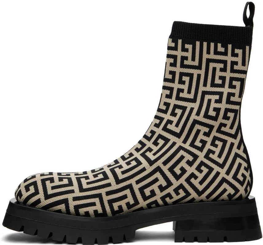 Balmain Black and Beige Monogram Boots