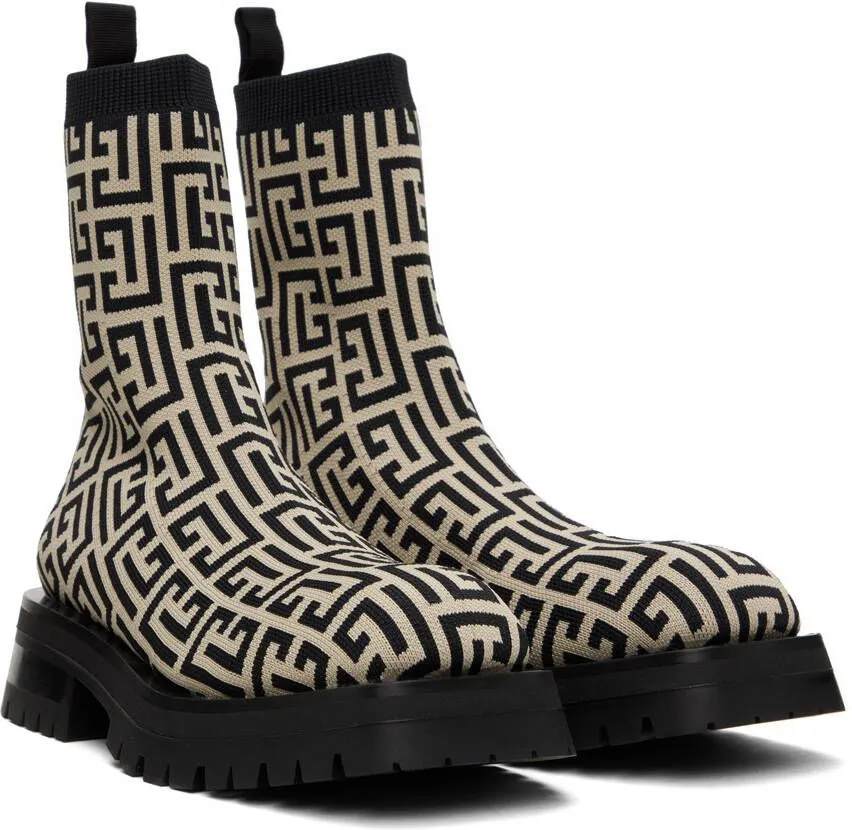 Balmain Black and Beige Monogram Boots