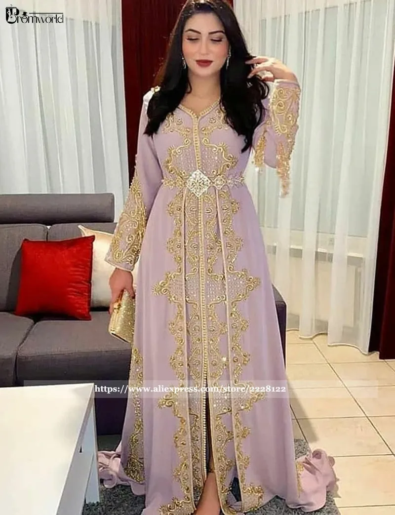 Beaded Lace Muslim Evening Dresses with Long Sleeve A-Line Caftan