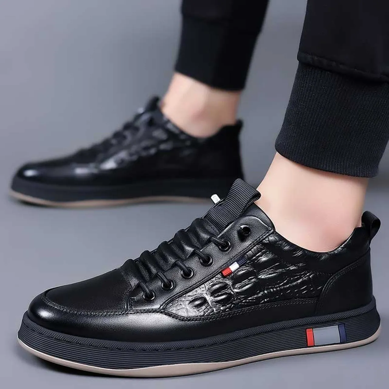 Black Casual Shoe Sneaker with Crocodile Skin Pattern