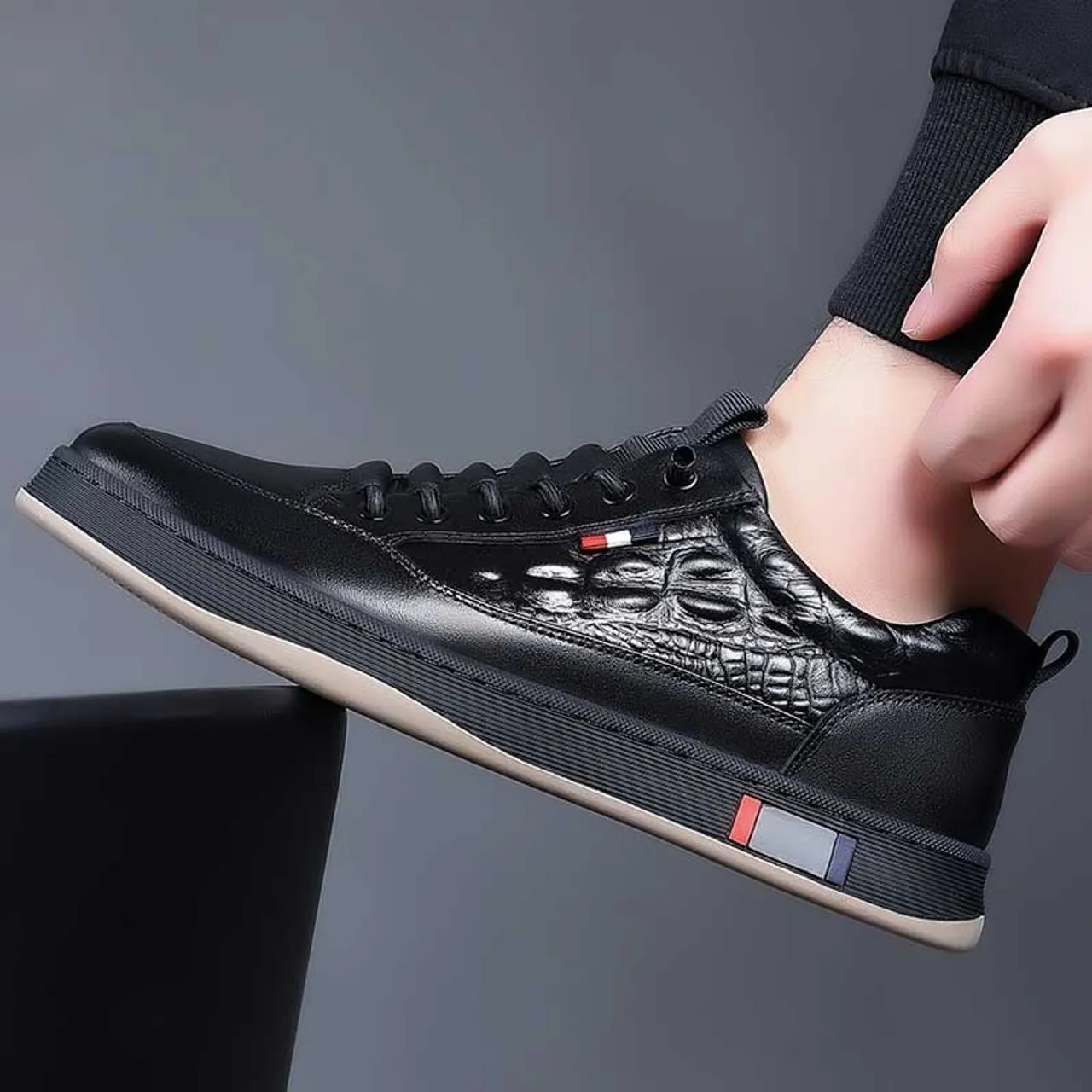 Black Casual Shoe Sneaker with Crocodile Skin Pattern