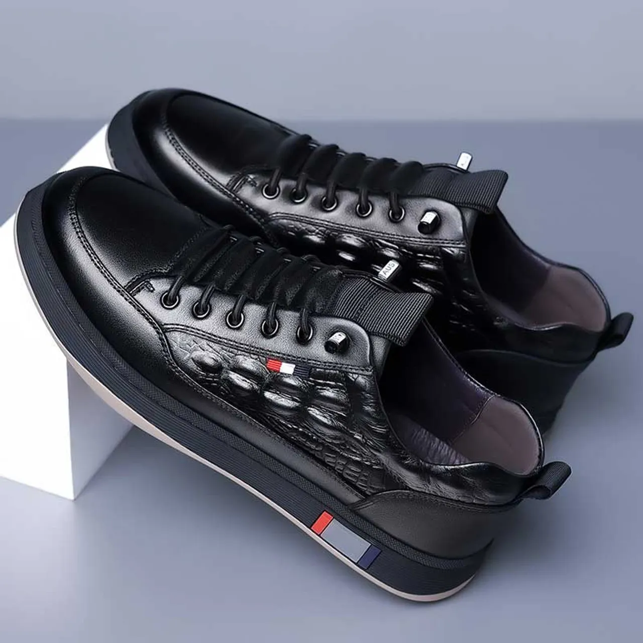 Black Casual Shoe Sneaker with Crocodile Skin Pattern