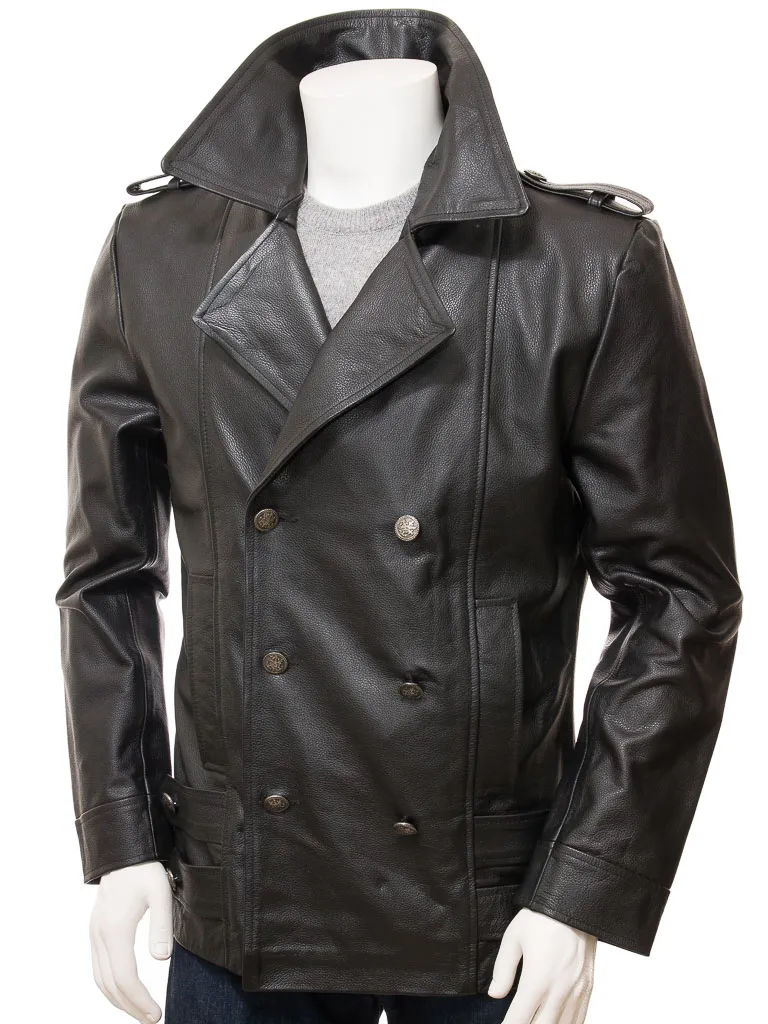 Black Leather Pea Coat for Men: Hingston