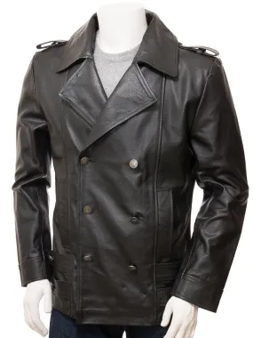 Black Leather Pea Coat for Men: Hingston