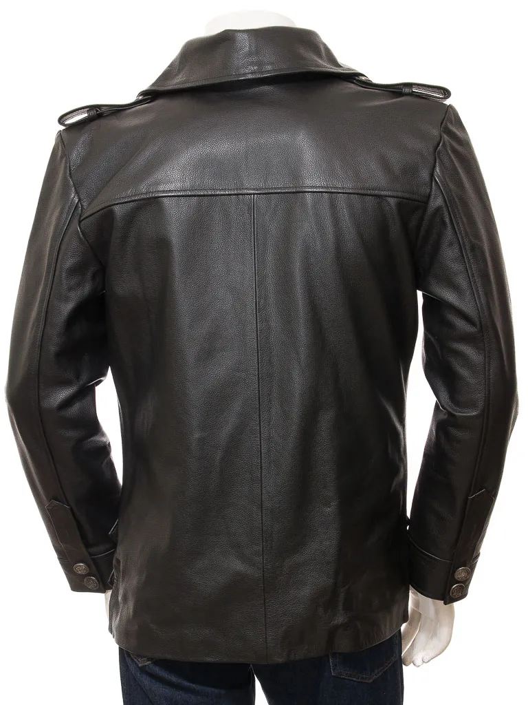 Black Leather Pea Coat for Men: Hingston