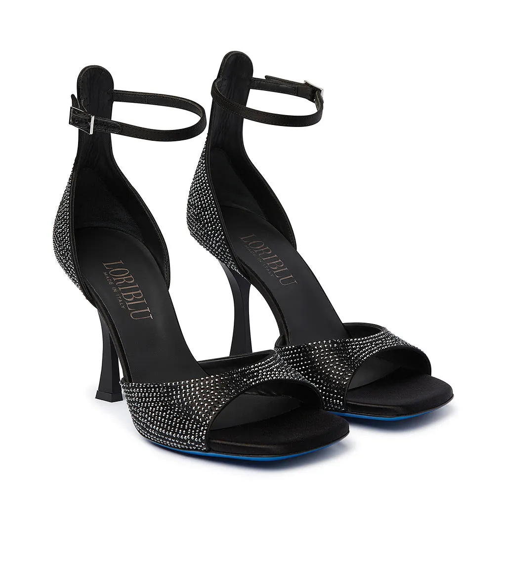 Black satin sandals with rhinestones