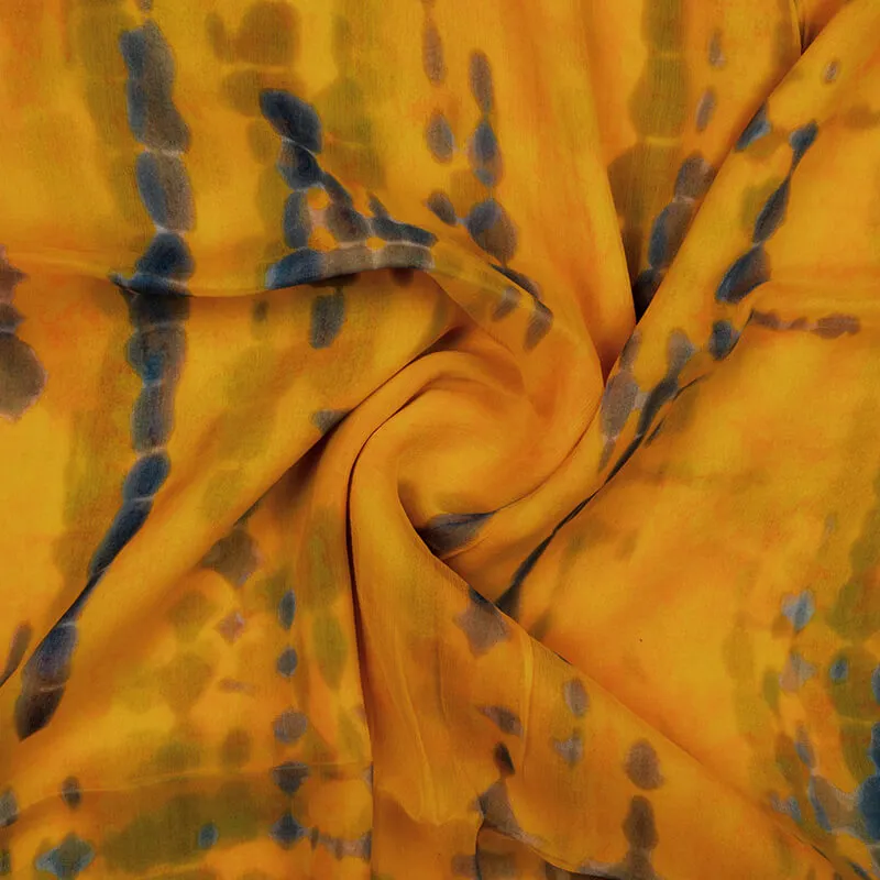 Blue and Yellow Tie Dye Bemberg Chiffon Fabric with Digital Print Pattern