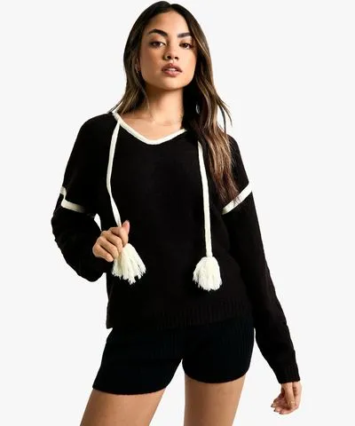 Boohoo Womens Pom Pom Contrast Trim Knitted Hoody