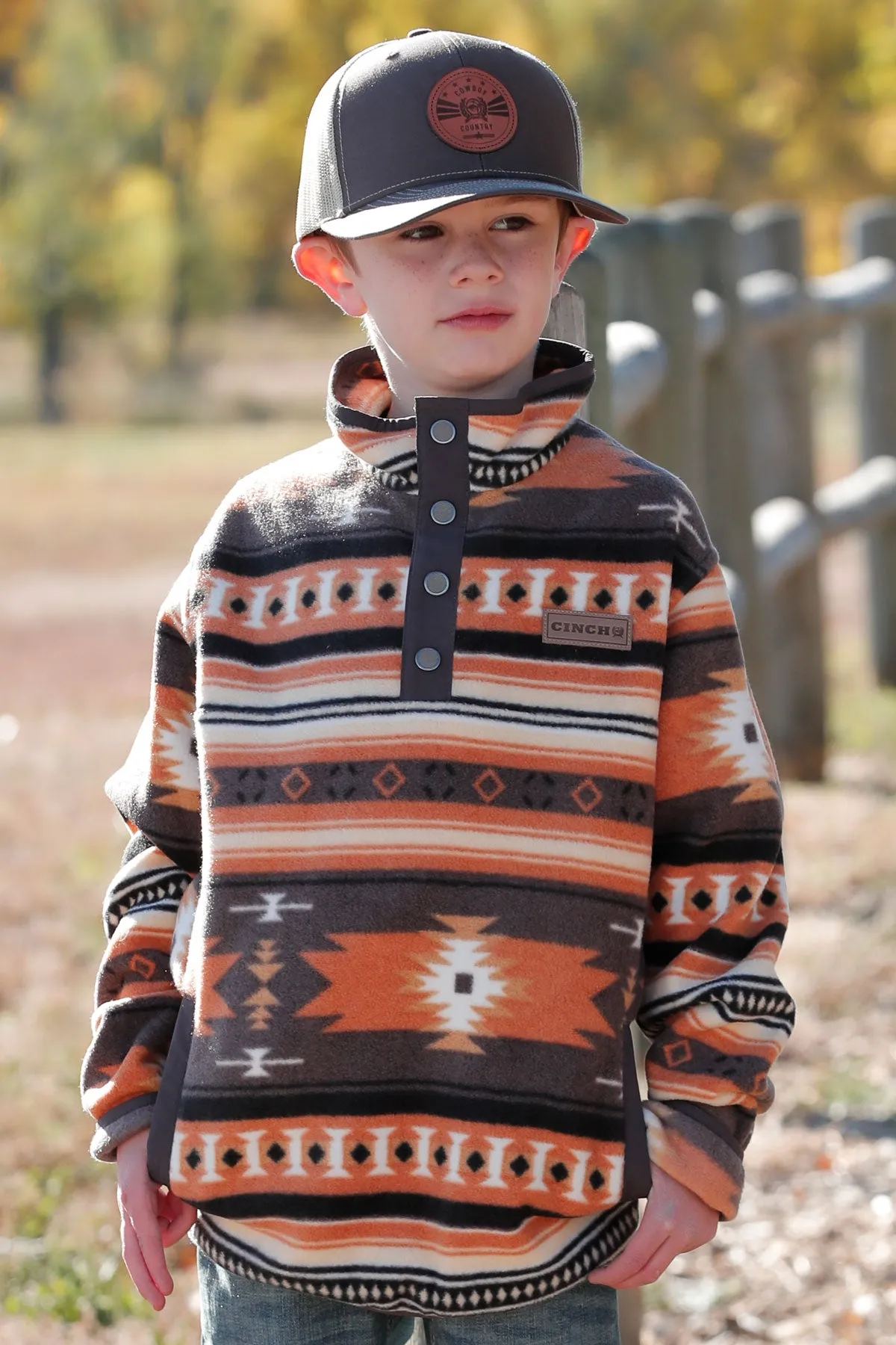 Cinch Boys Aztec Pullover - Orange/Brown Fleece Button-Up Sweatshirt