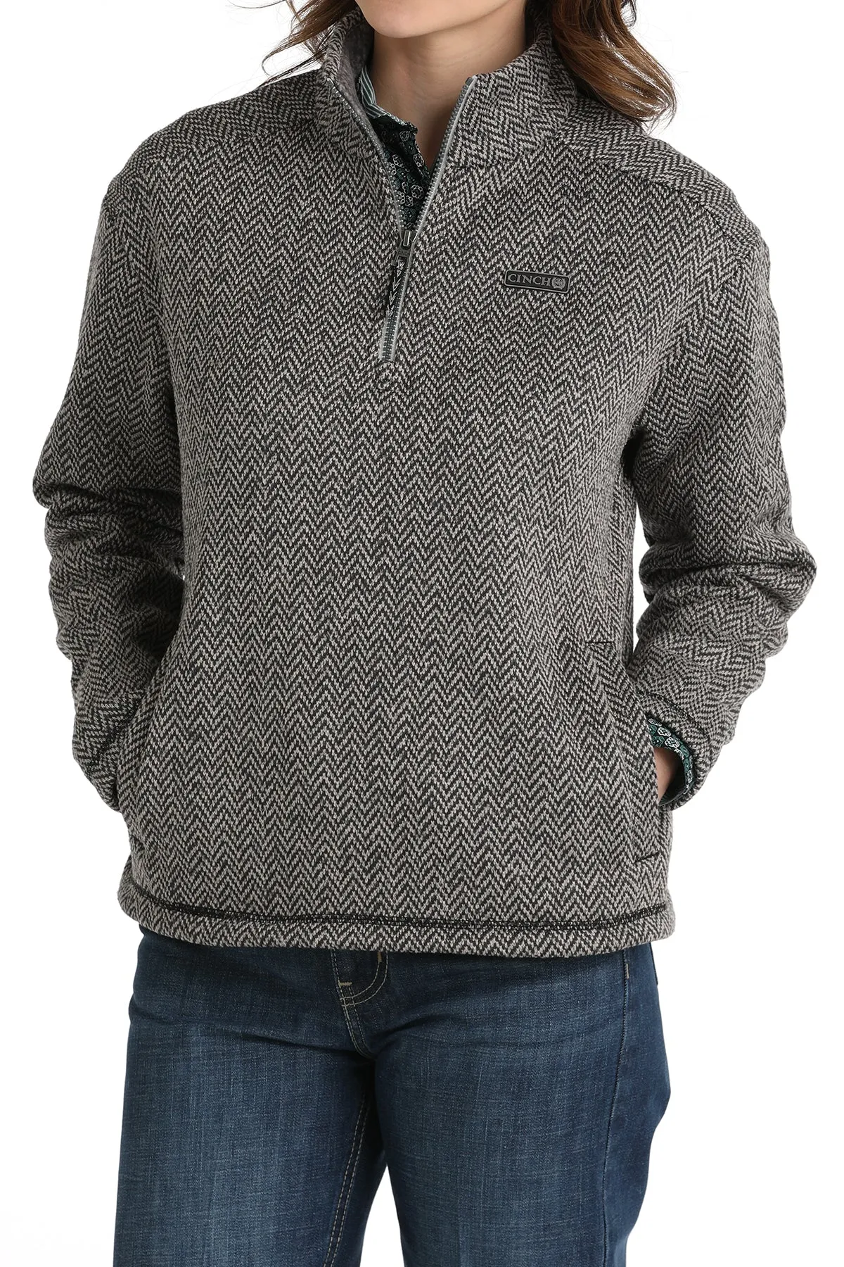 Cinch Women's Gray Herringbone Quarter Zip Sweater