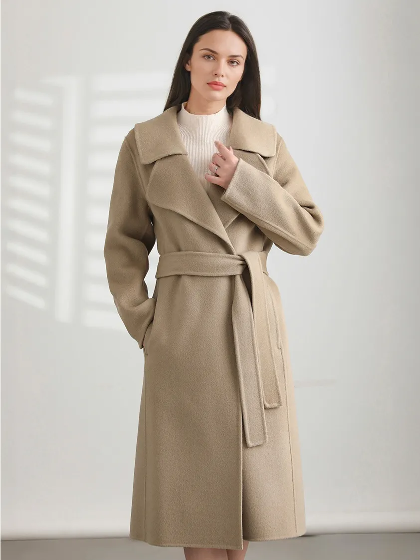 Coffee Brown Maxi Coat for Women with Turndown Collar, Long Sleeves, and Sash