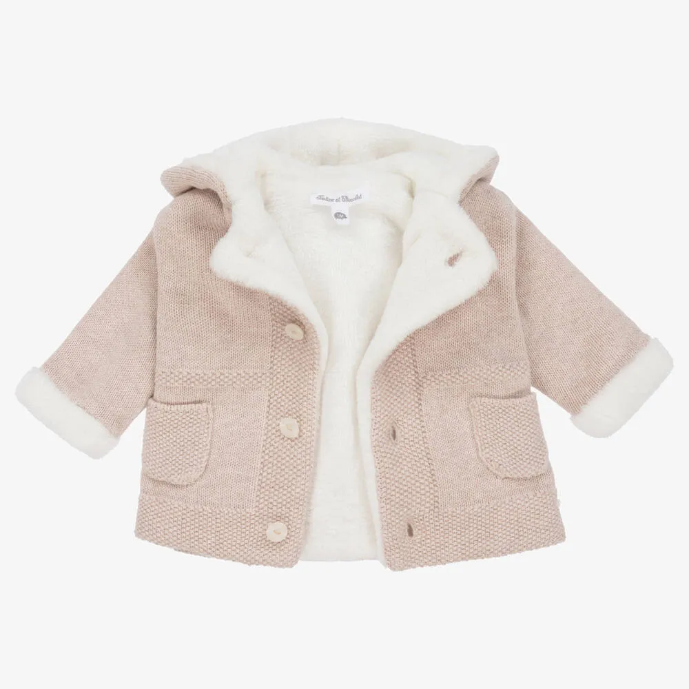 Cotton Baby Pram Coat in Beige Knit fabric