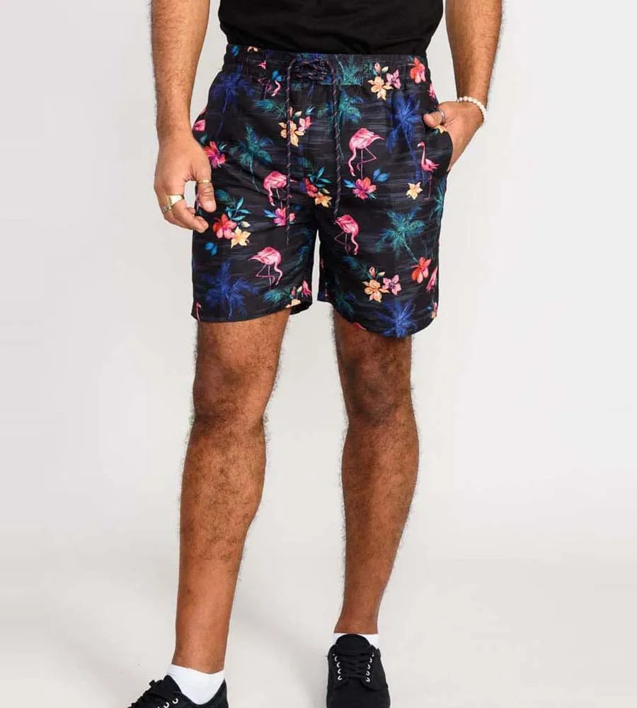 D555 Campton Men's Printed Swim Shorts with Palm Tree and Flamingo Print