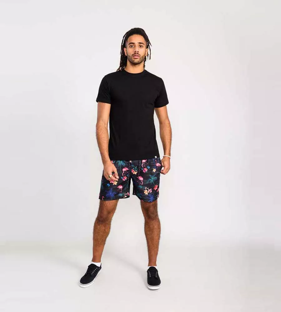 D555 Campton Men's Printed Swim Shorts with Palm Tree and Flamingo Print