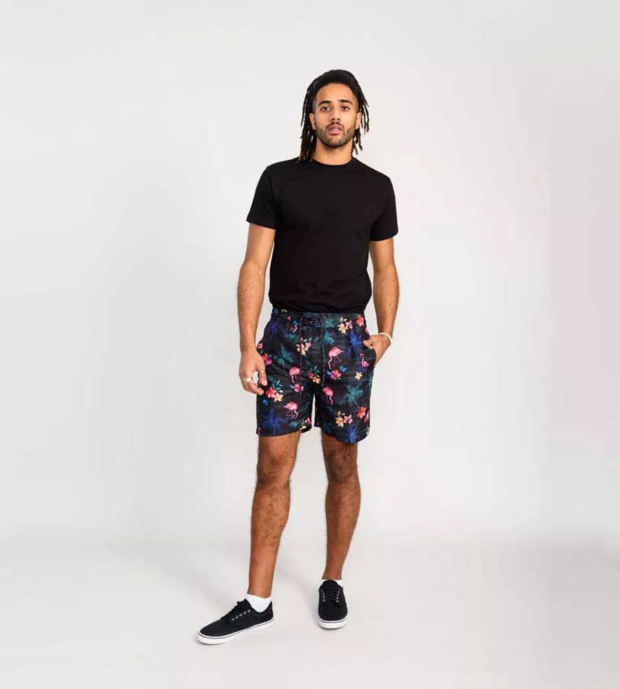 D555 Campton Men's Printed Swim Shorts with Palm Tree and Flamingo Print