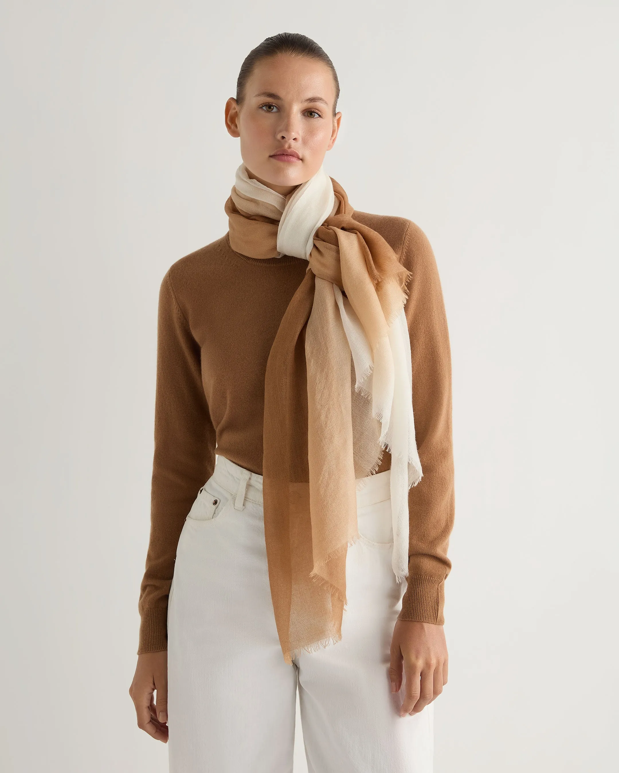 Dark Tan Brown Cashmere Scarf with Dip Dye Design for Women