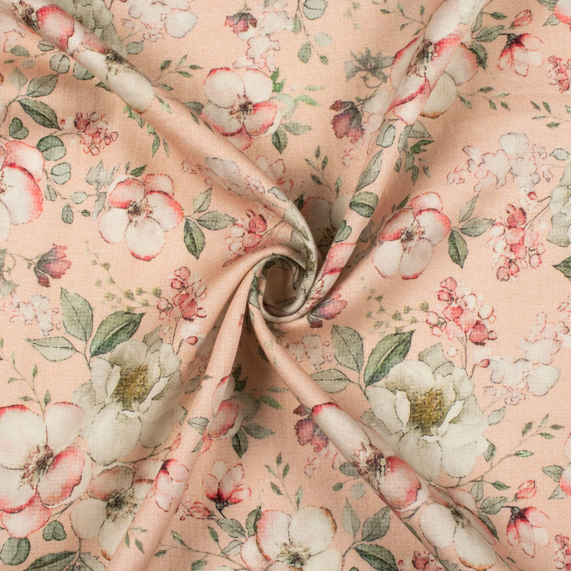 Digital Print Viscose Rayon Fabric with Salmon Pink and Off-White Floral Pattern (58 Inches Wide)