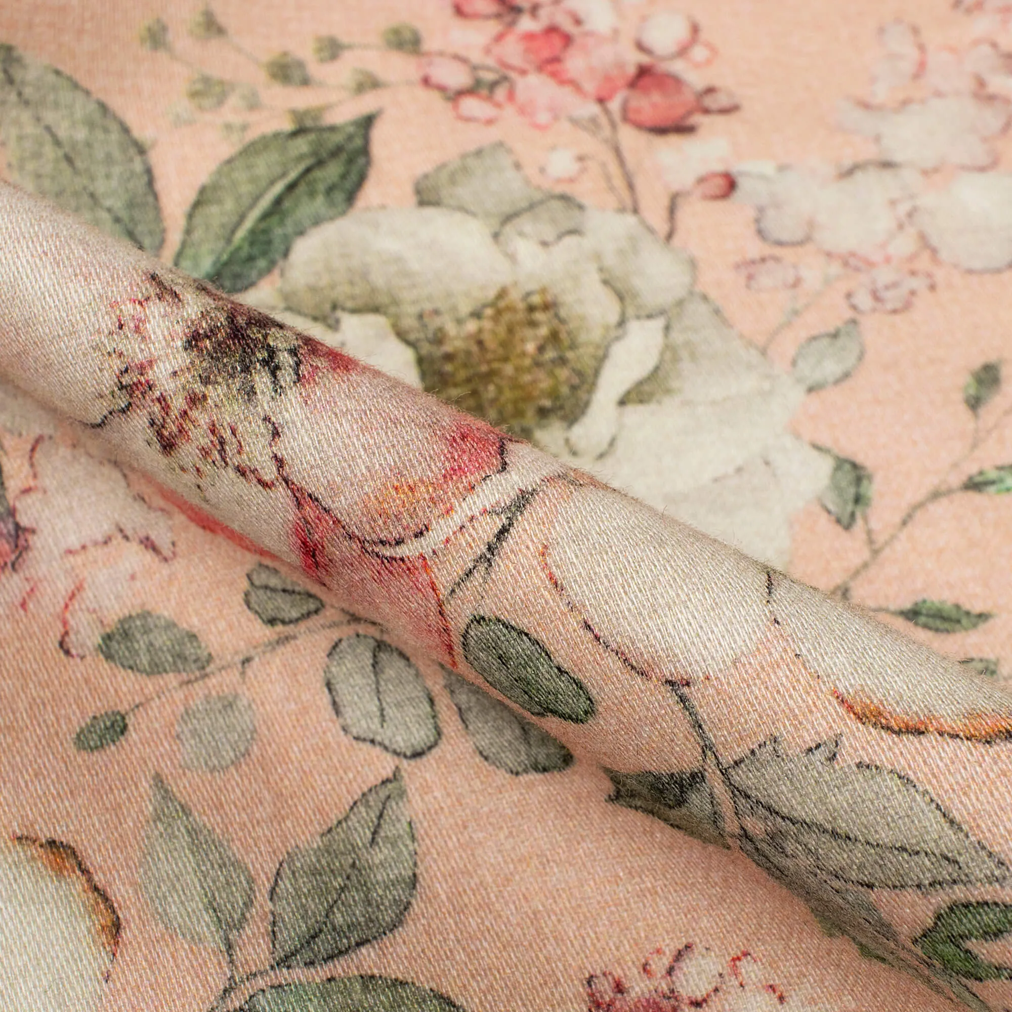 Digital Print Viscose Rayon Fabric with Salmon Pink and Off-White Floral Pattern (58 Inches Wide)