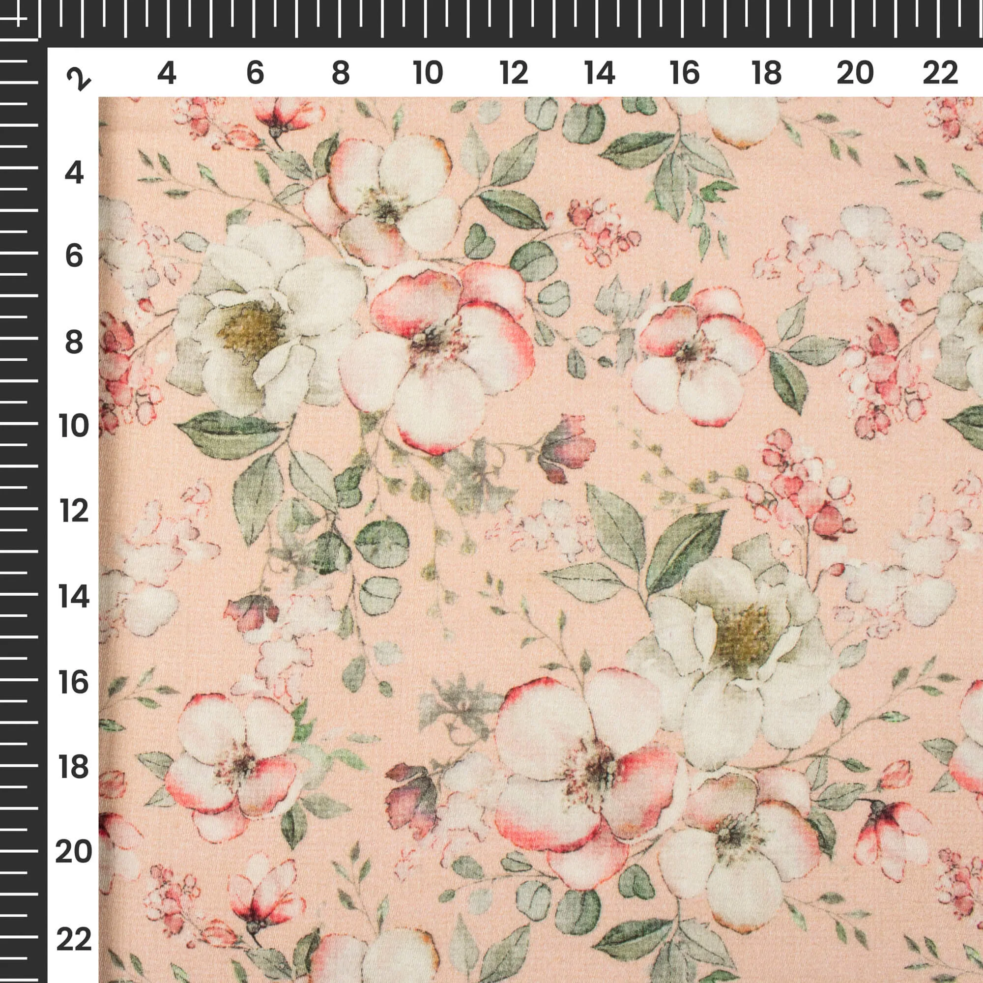 Digital Print Viscose Rayon Fabric with Salmon Pink and Off-White Floral Pattern (58 Inches Wide)