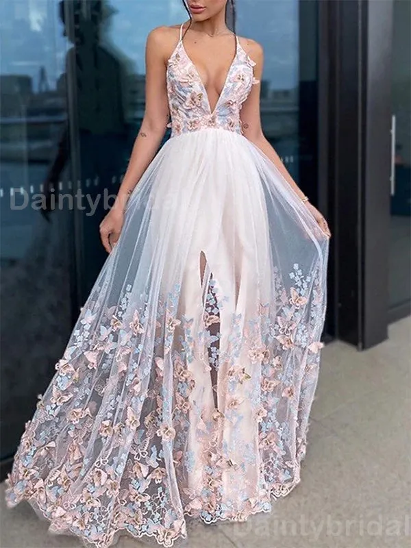 Elegant Spaghetti Straps V-neck Long Tulle Evening Prom Dress Online, OL073