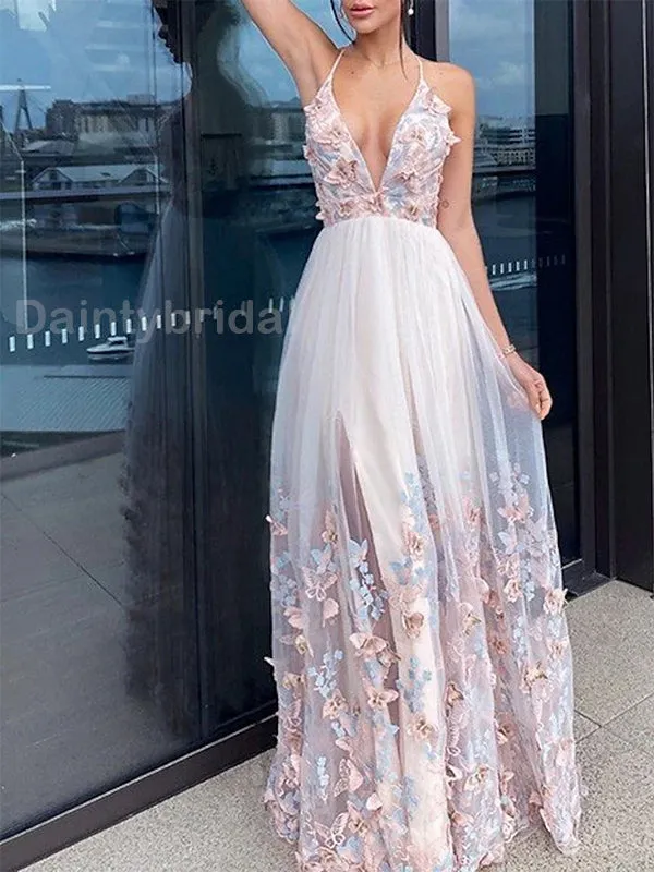 Elegant Spaghetti Straps V-neck Long Tulle Evening Prom Dress Online, OL073