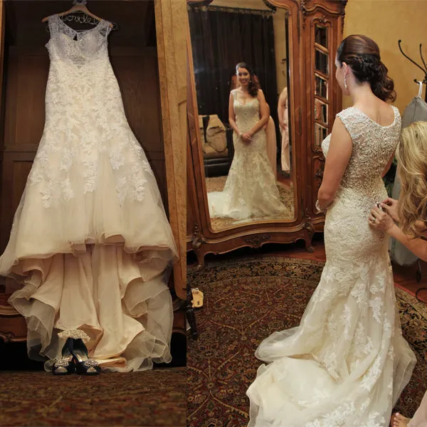 Elegant Vintage Lace Mermaid Wedding Dress with Beading and See-through Back