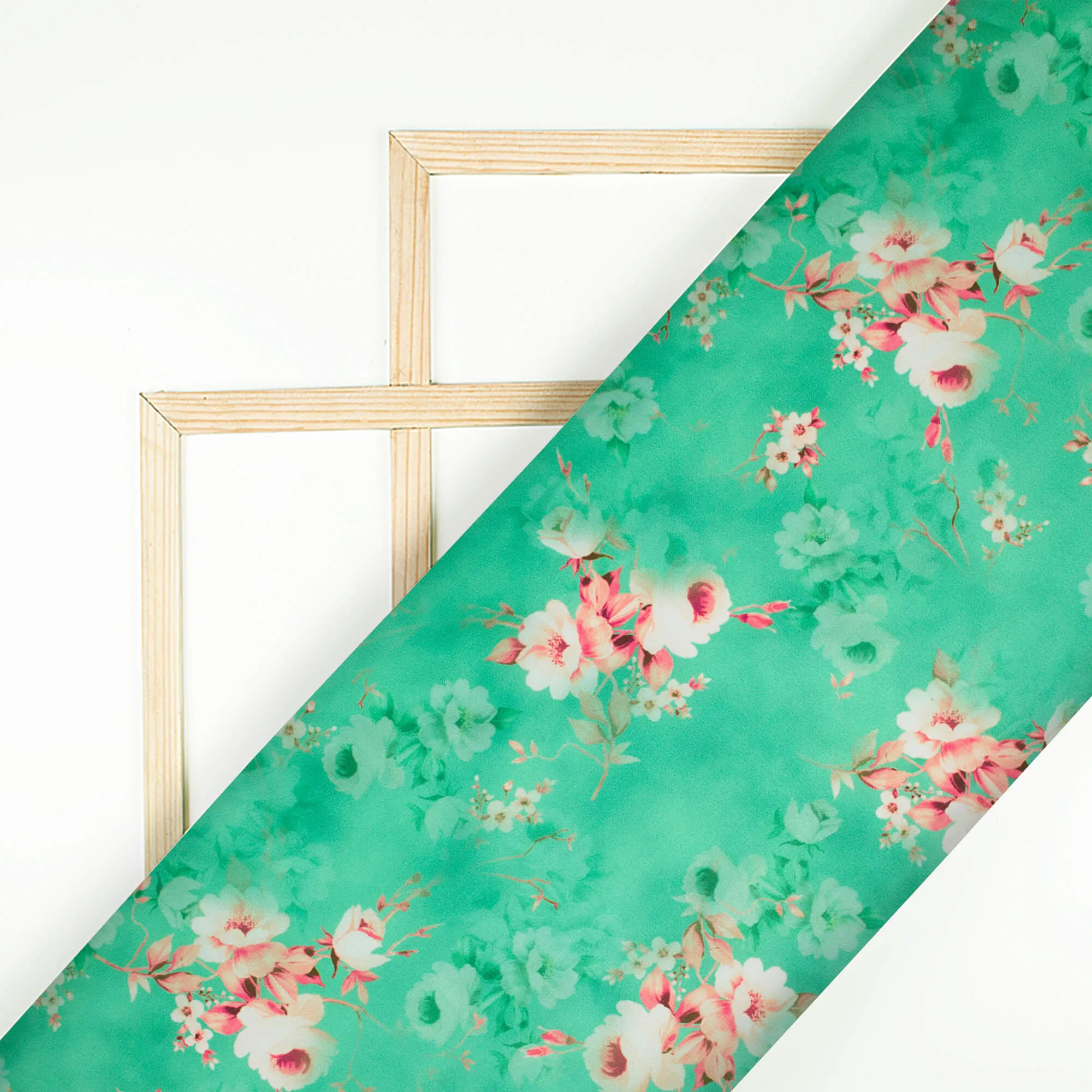 Emerald Green Pink Floral Pattern Crepe Fabric