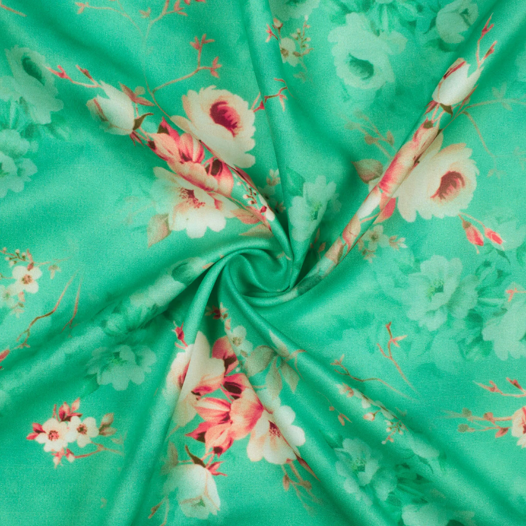 Emerald Green Pink Floral Pattern Crepe Fabric