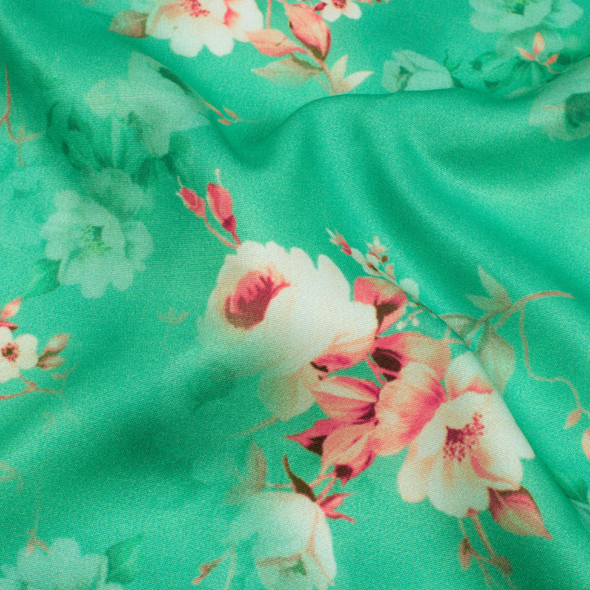 Emerald Green Pink Floral Pattern Crepe Fabric