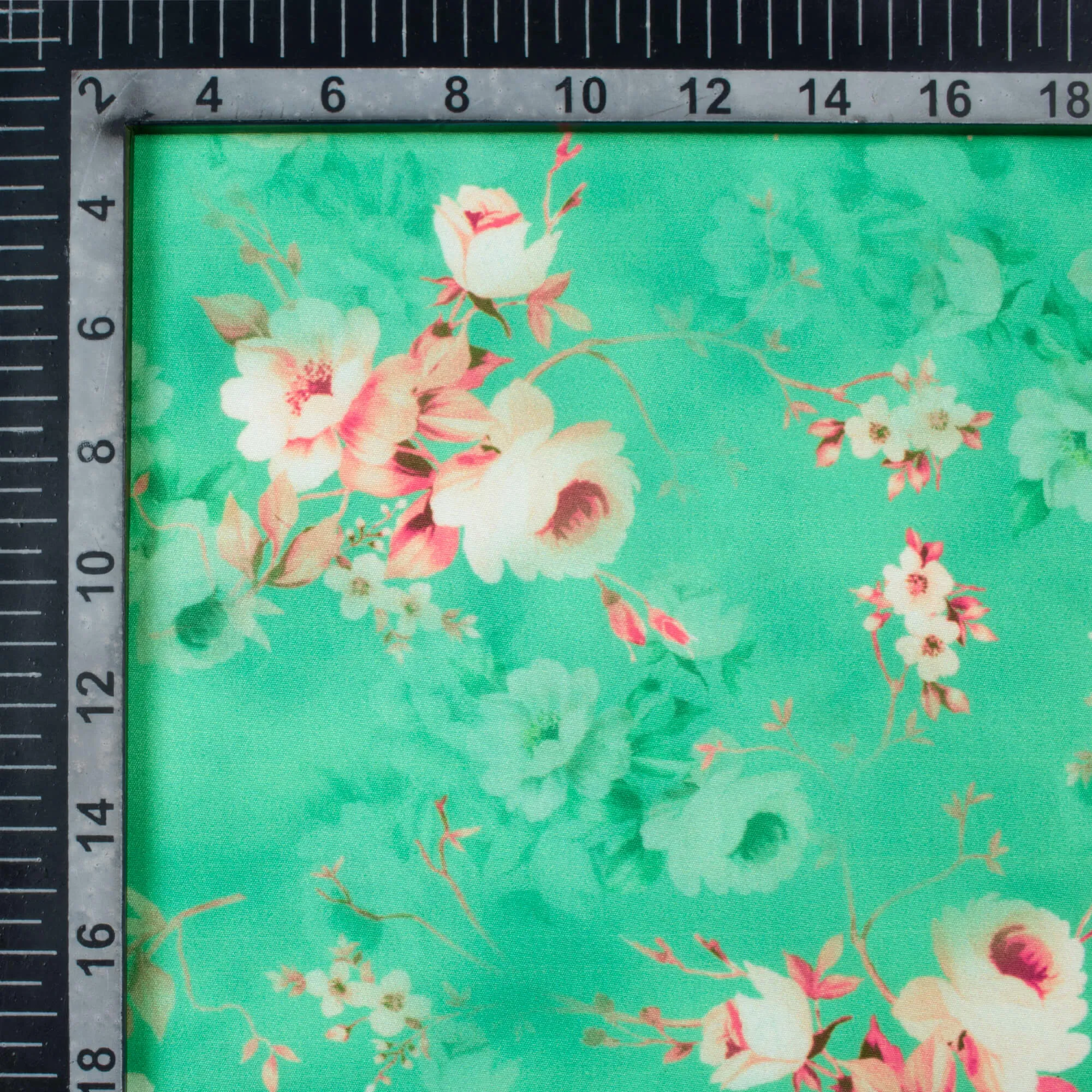 Emerald Green Pink Floral Pattern Crepe Fabric