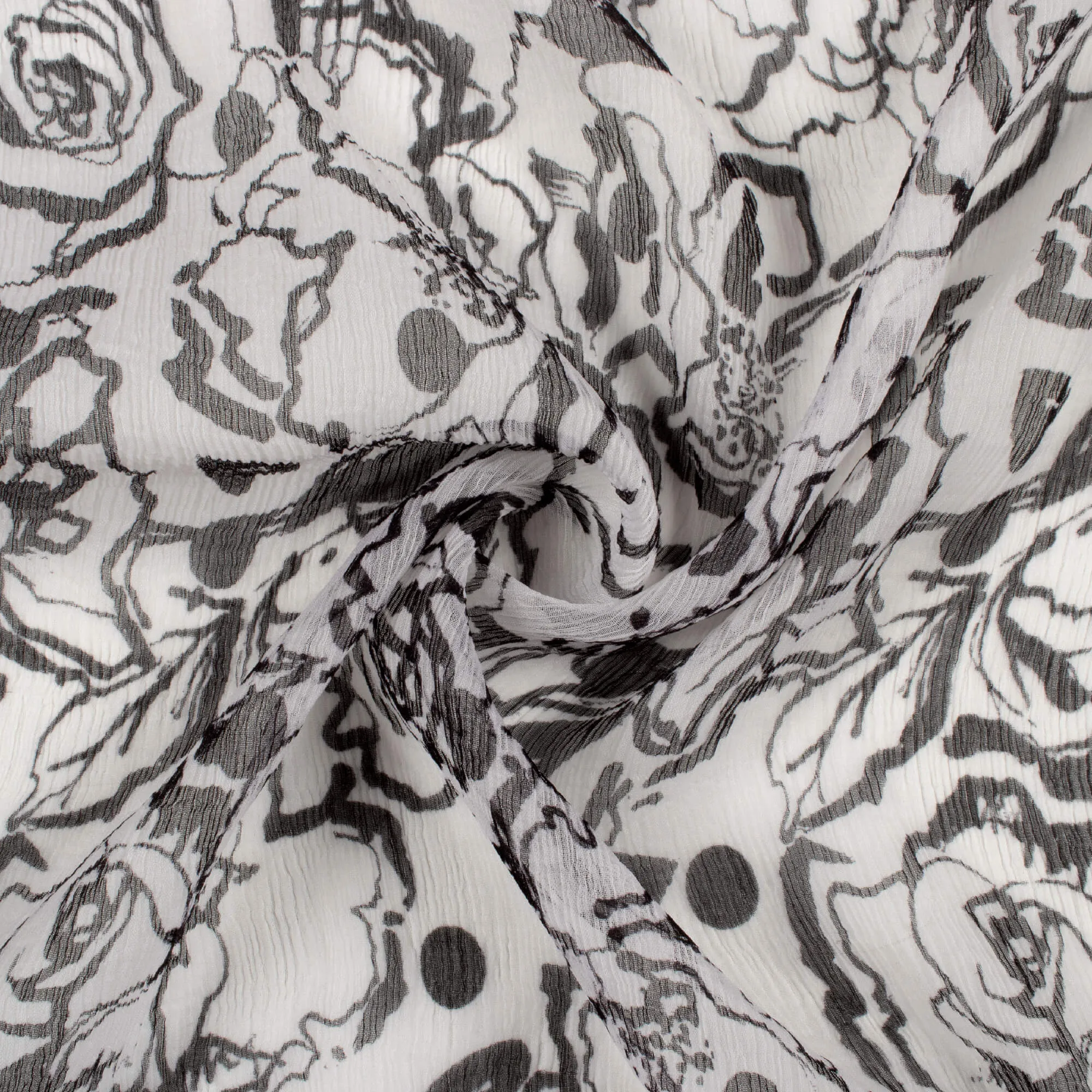 Floral Digital Print Bemberg Chiffon Fabric - Black and White Pattern