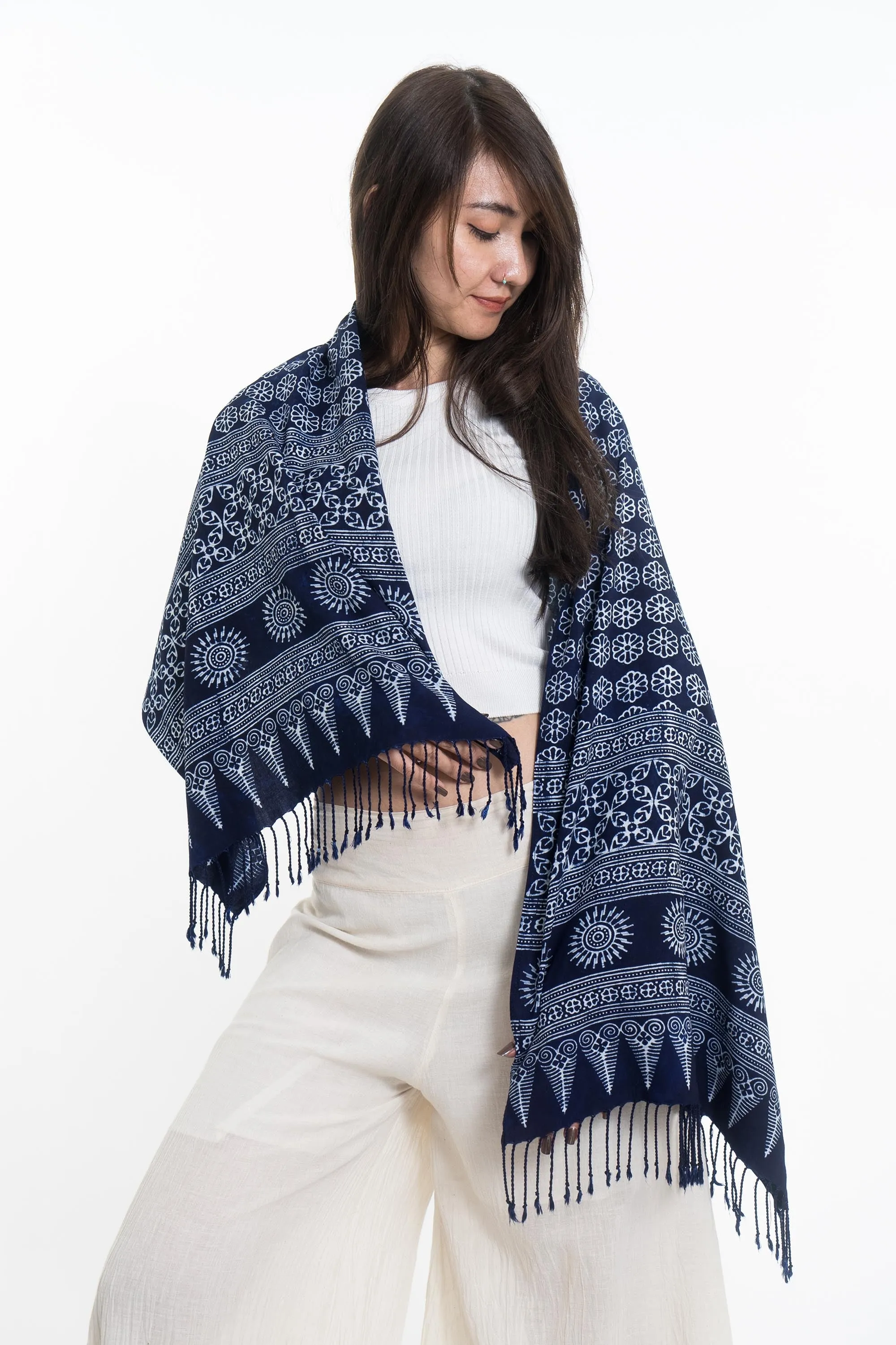 Floral Hmong Indigo Batik Shawl Scarf