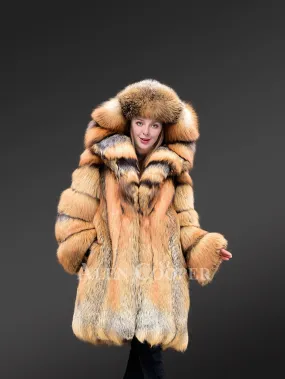 Wide Hood Fox Fur Trench Coat