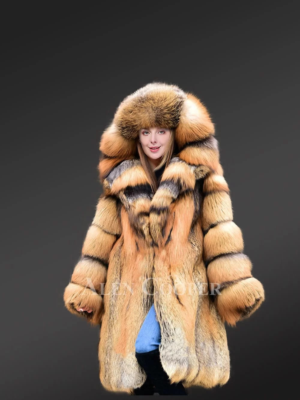 Wide Hood Fox Fur Trench Coat