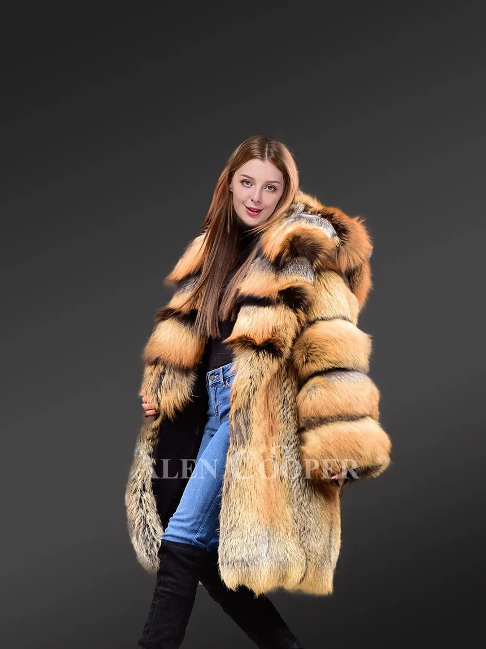 Wide Hood Fox Fur Trench Coat