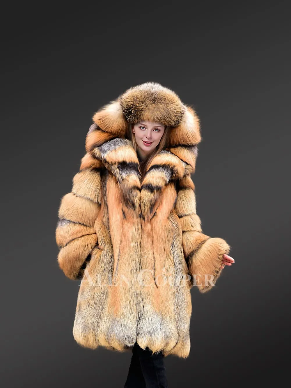 Wide Hood Fox Fur Trench Coat