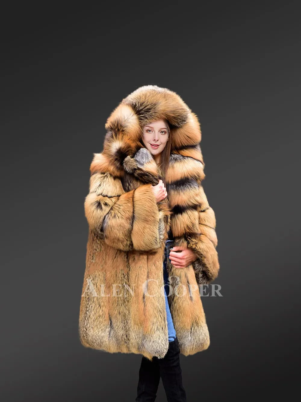 Wide Hood Fox Fur Trench Coat