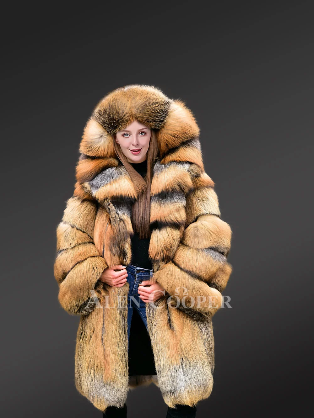 Wide Hood Fox Fur Trench Coat