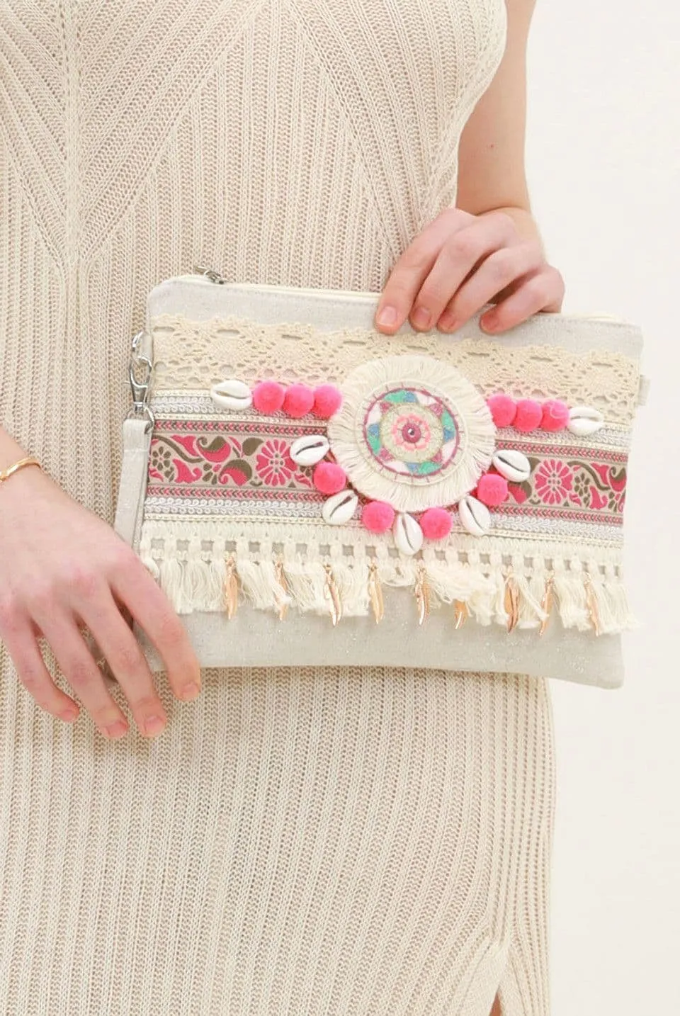 Fuchsia Boho Tassel Clutch