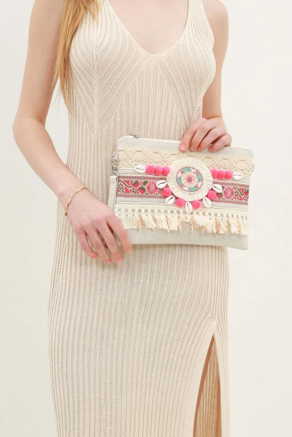 Fuchsia Boho Tassel Clutch