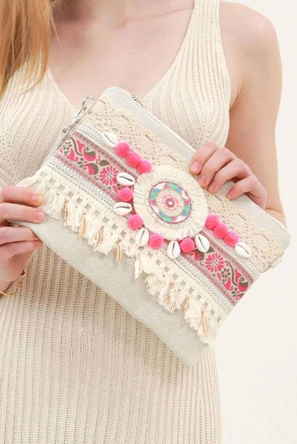 Fuchsia Boho Tassel Clutch