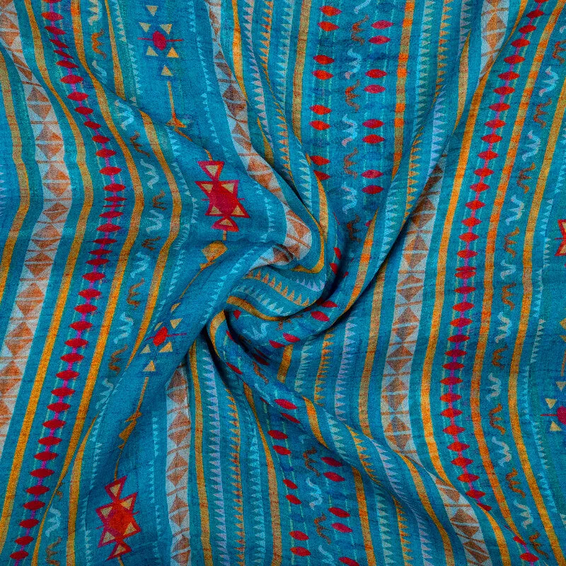 Geometric Print Bemberg Chiffon Fabric in Blue and Yellow