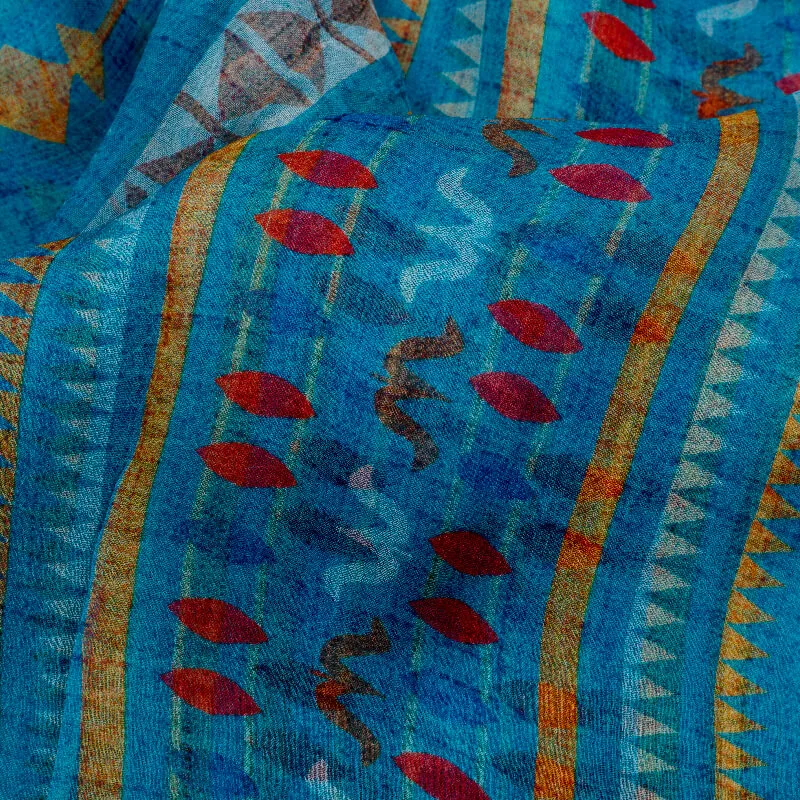 Geometric Print Bemberg Chiffon Fabric in Blue and Yellow