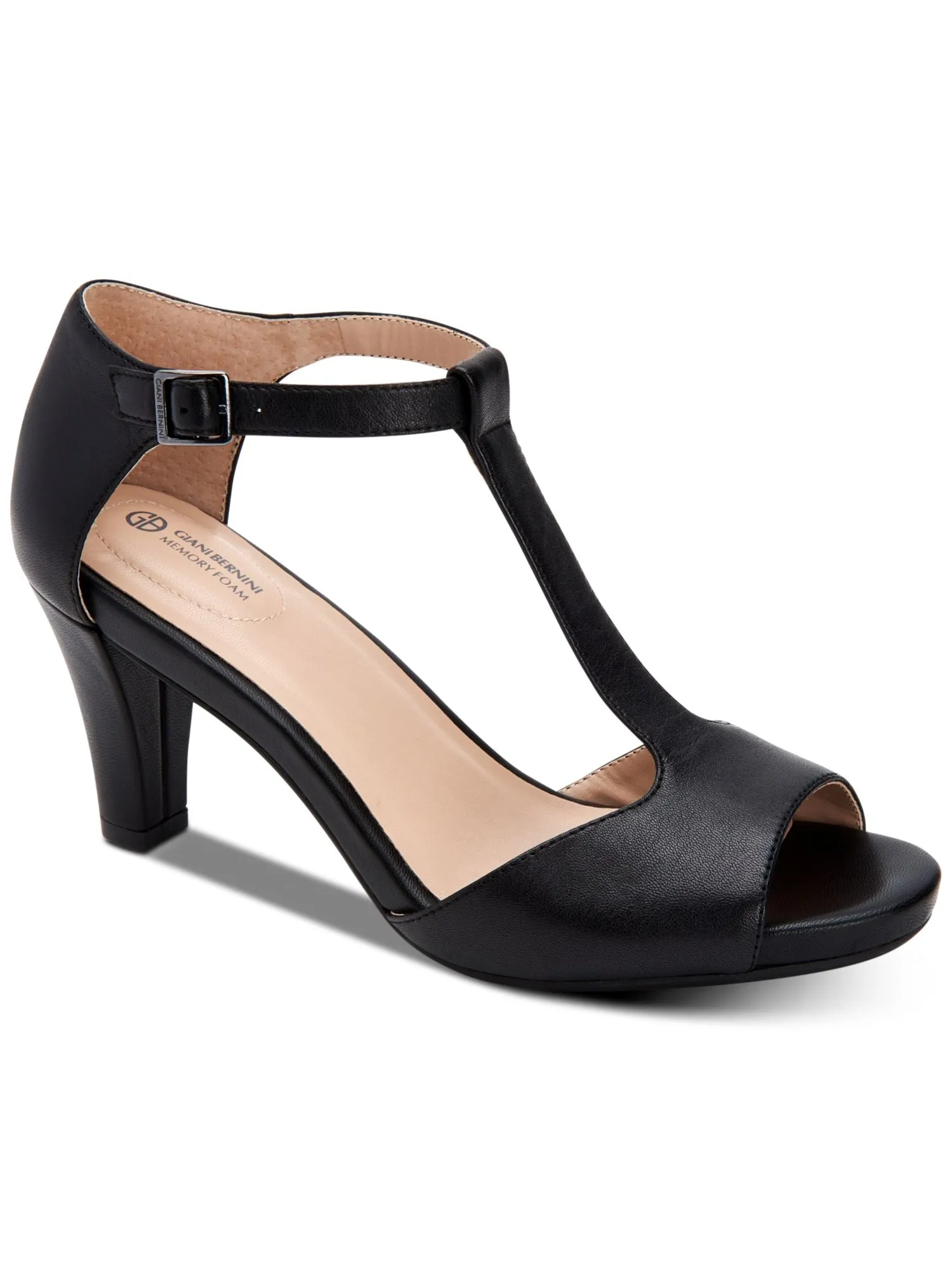 GIANI BERNINI Women's Black Leather Dress Sandals with Adjustable T-Strap and Block Heel.