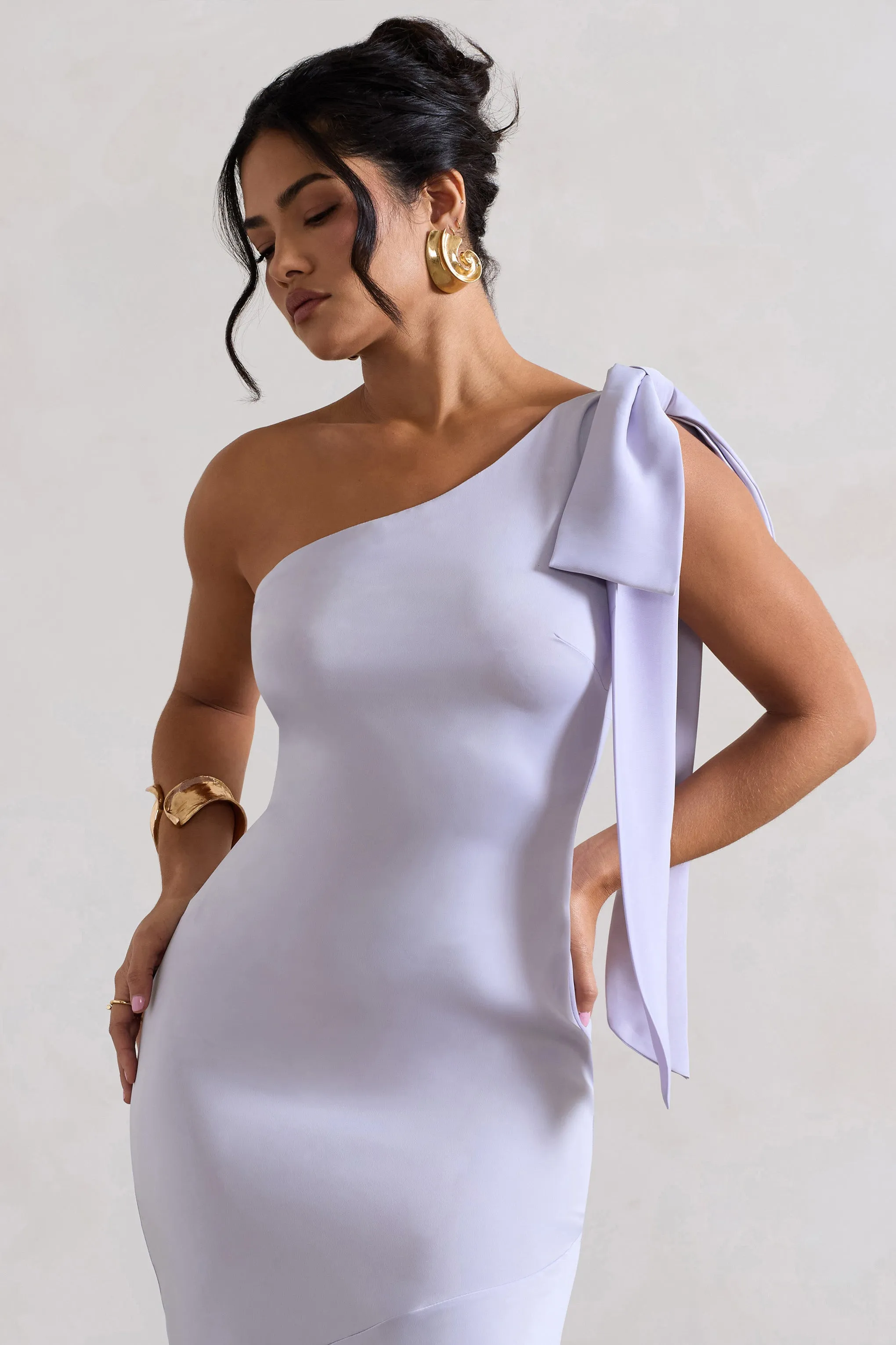 Lilac Satin Asymmetric Maxi Dress With Bow Here For Love