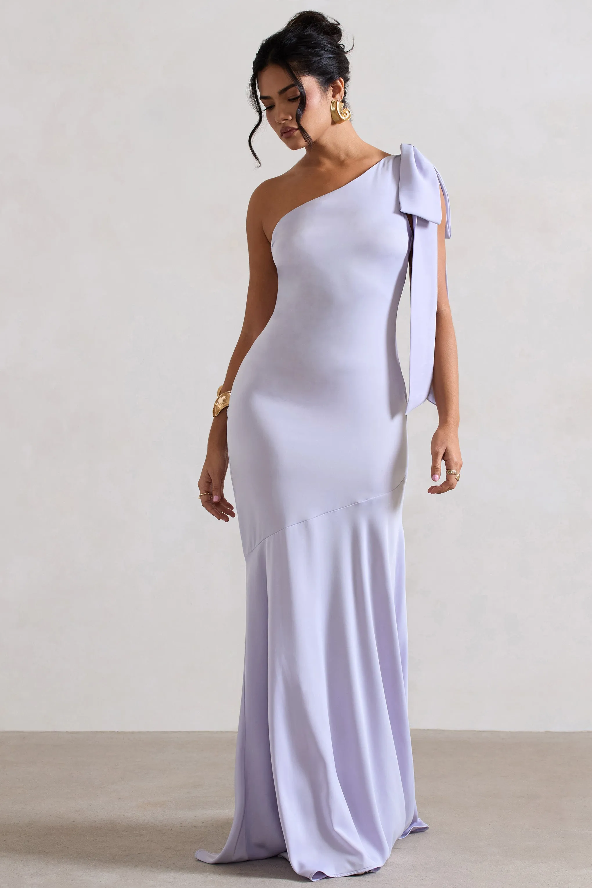 Lilac Satin Asymmetric Maxi Dress With Bow Here For Love