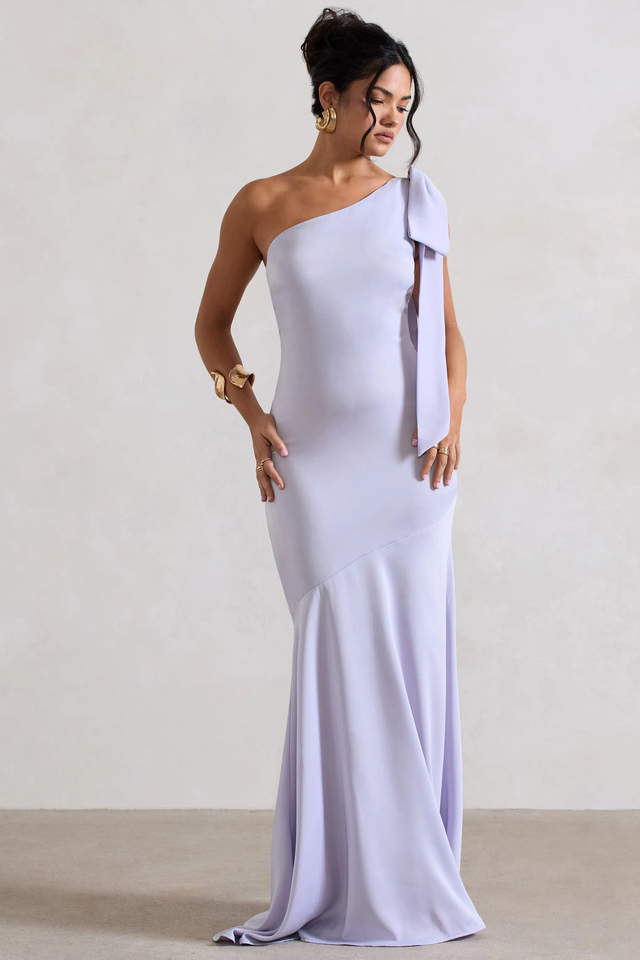 Lilac Satin Asymmetric Maxi Dress With Bow Here For Love